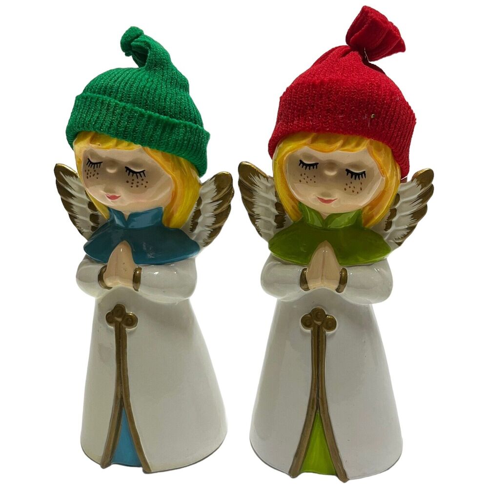 UOGC figurine angels twin blue green clothe hat set of two ceramic vintage